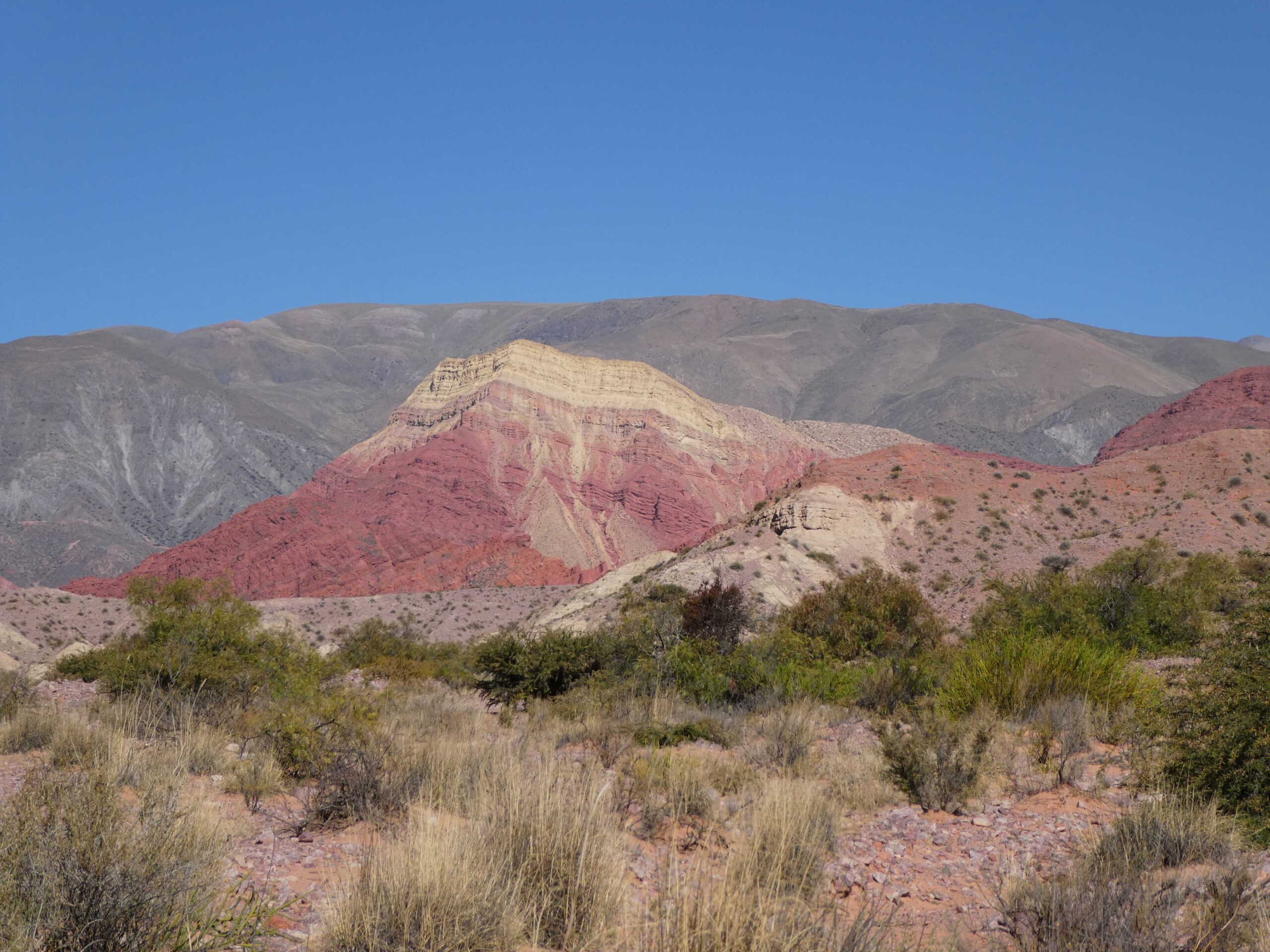 Striped mountainsides along RP9 in Salta Province.
