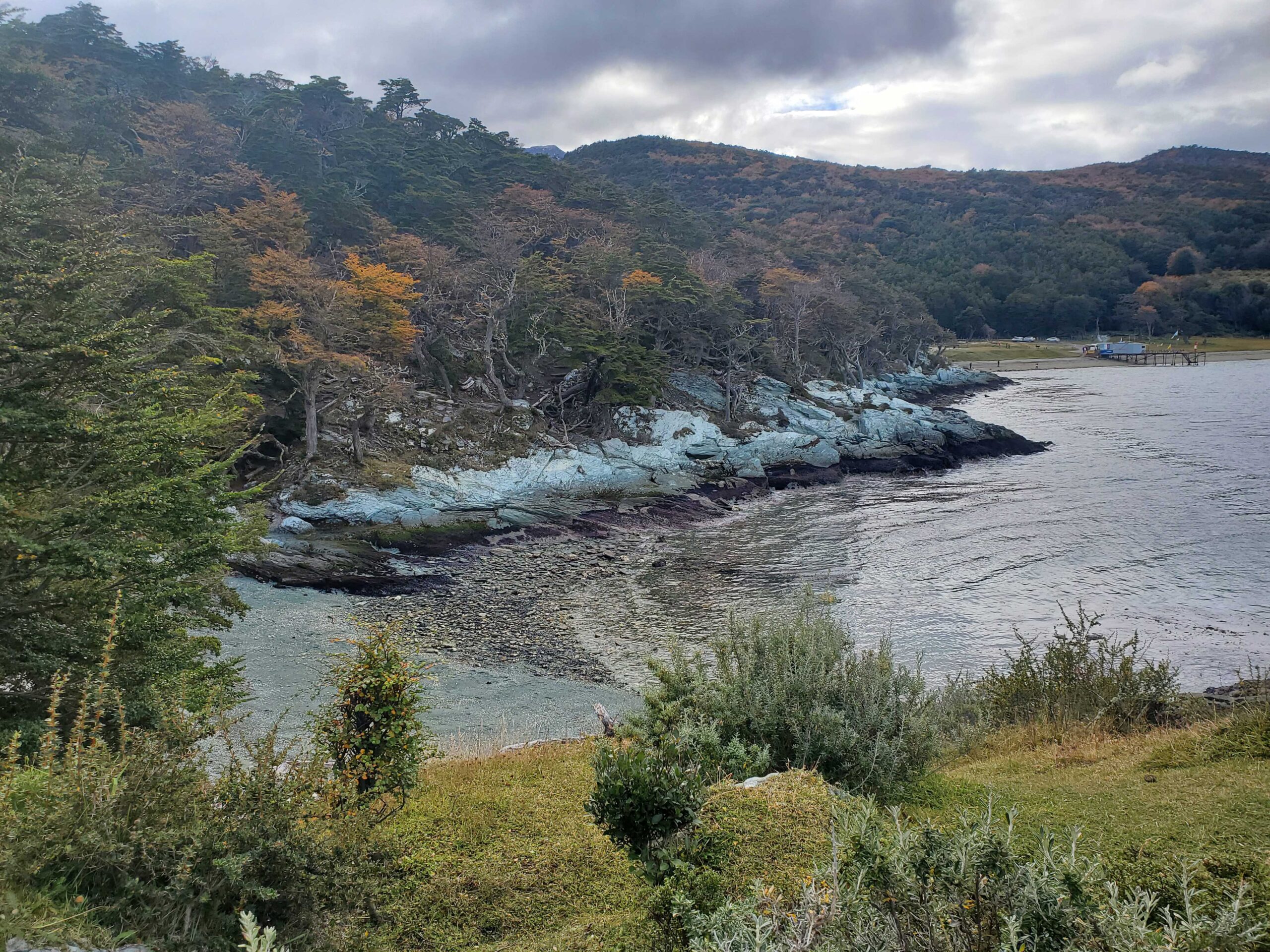 Green cliffs on the shore trail at Tierra del Fuego National Park.