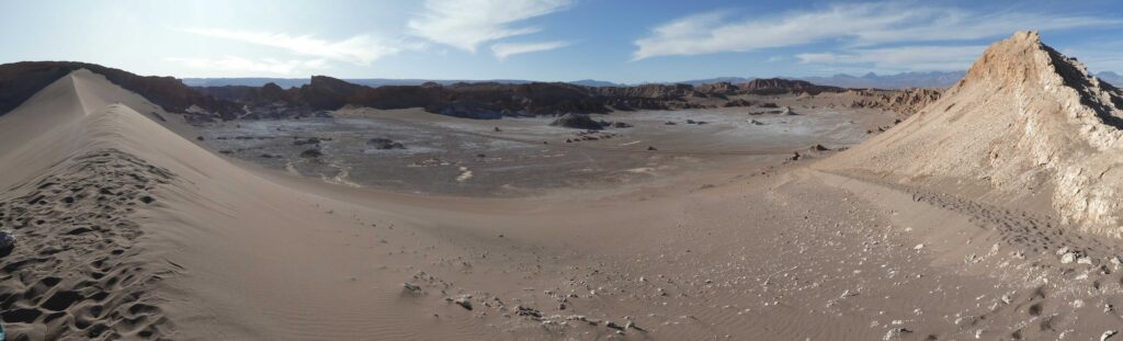 Panorama of the view from the top of the sand dunes at Valle de la Luna