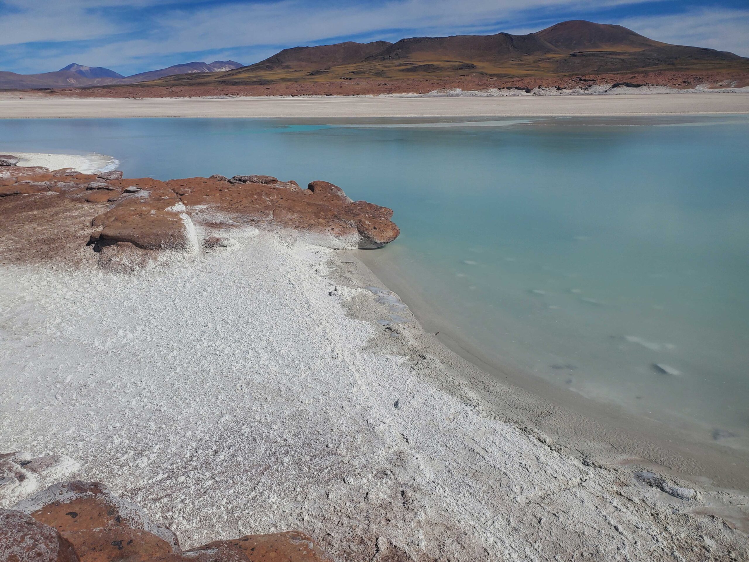 Salt-covered shoreline of the Salar de Aguas Calientes
