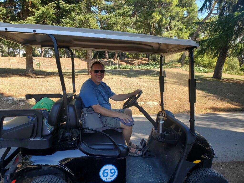 Jake in golf cart #69 on Brijuni Island