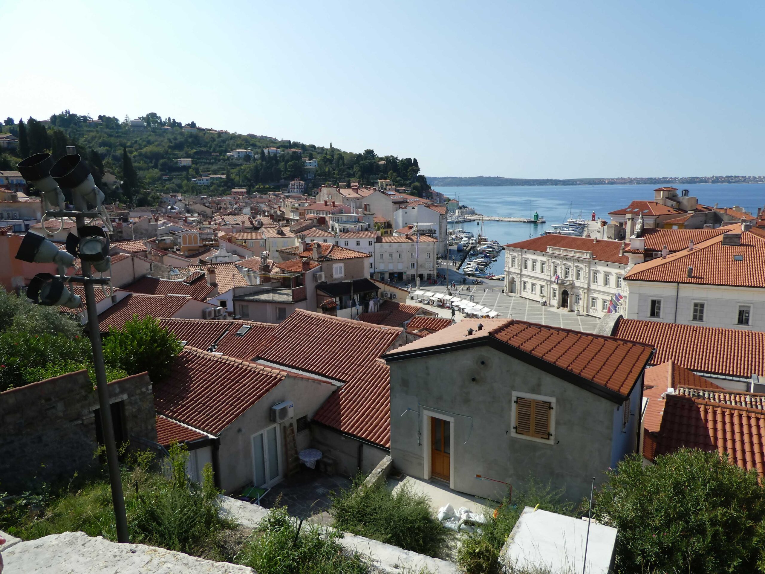 View of Piran waterfront from the city walls in Piran, Slovenia