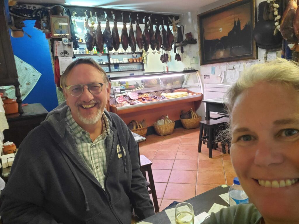 Andrea and Jake having lunch in a taberna in Amarante, Portugal