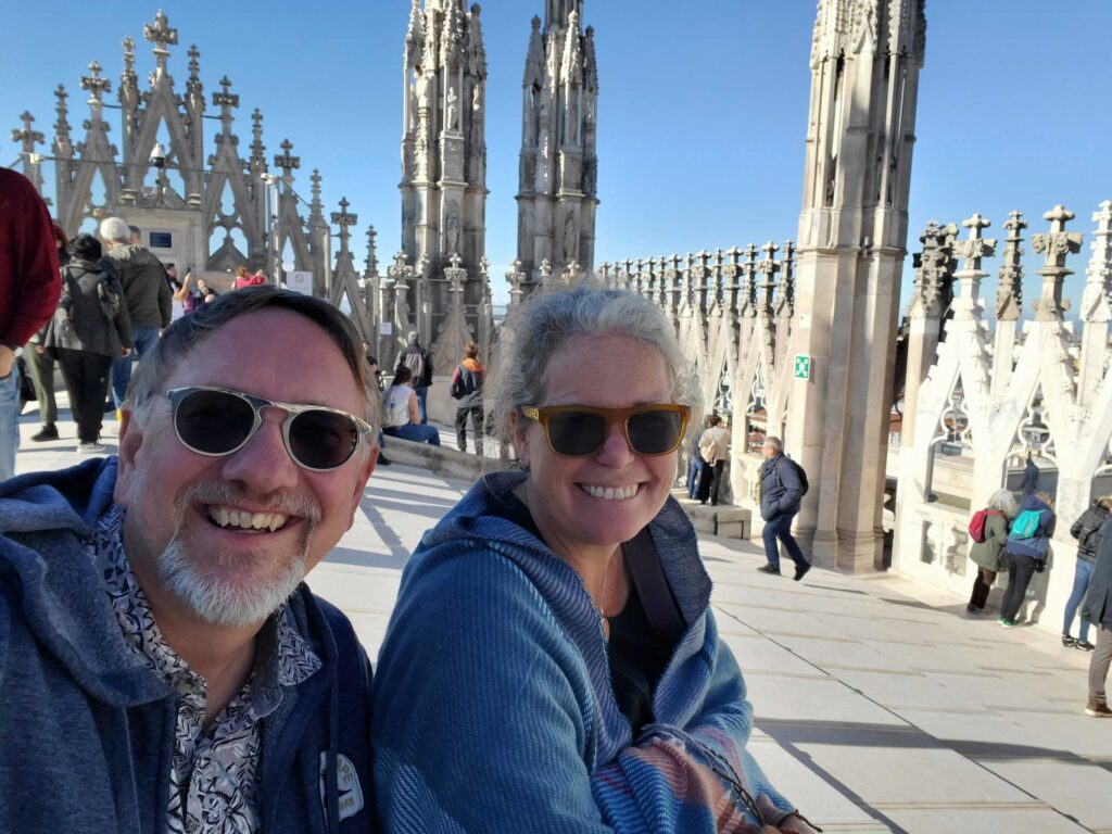 Andrea and Jake on the roof of the Duomo in Milan, Italy