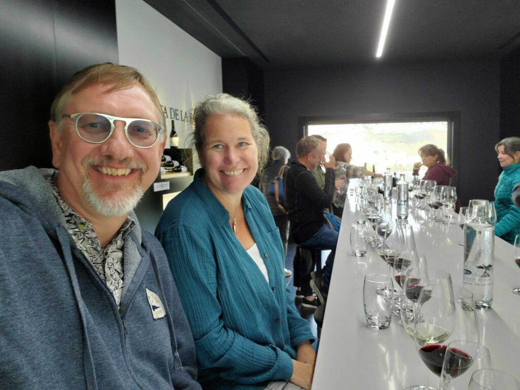 Andrea and Jake enjoying a wine tasting at Quinta de la Rosa in Pinhou, Portugal