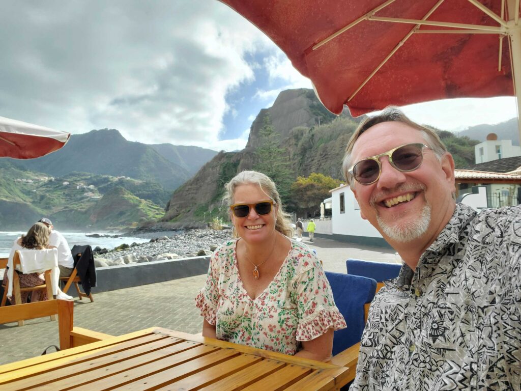 Ande and Jake having lunch at Porto da Cruz, Madeira