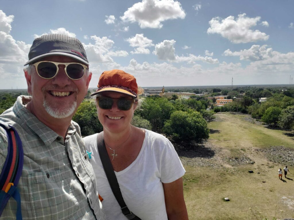 Ande and Jake atop the pyramid at Kinich Kakmó in Izamal, Mexico